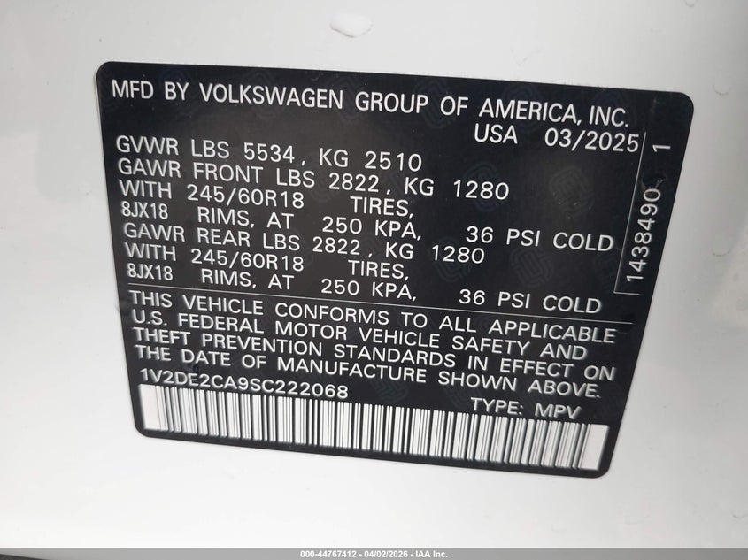 2025 Volkswagen Atlas Cross Sport 2.0T Se VIN: 1V2DE2CA9SC222068 Lot: 44767412