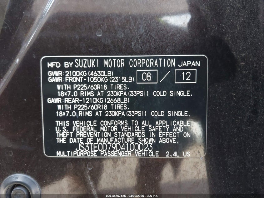 2013 Suzuki Grand Vitara Limited VIN: JS3TE0D79D4100023 Lot: 44767425