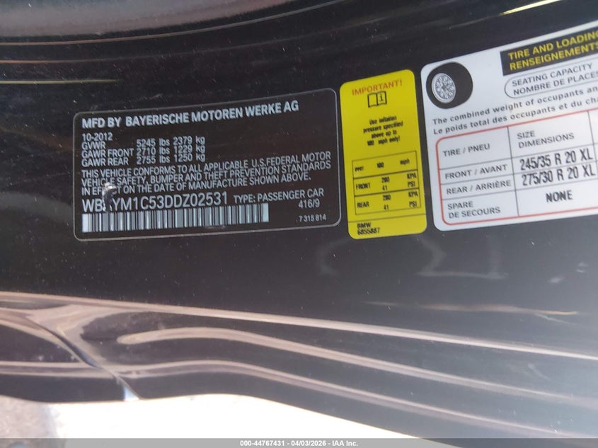 2013 BMW 650I xDrive VIN: WBAYM1C53DDZ02531 Lot: 44767431