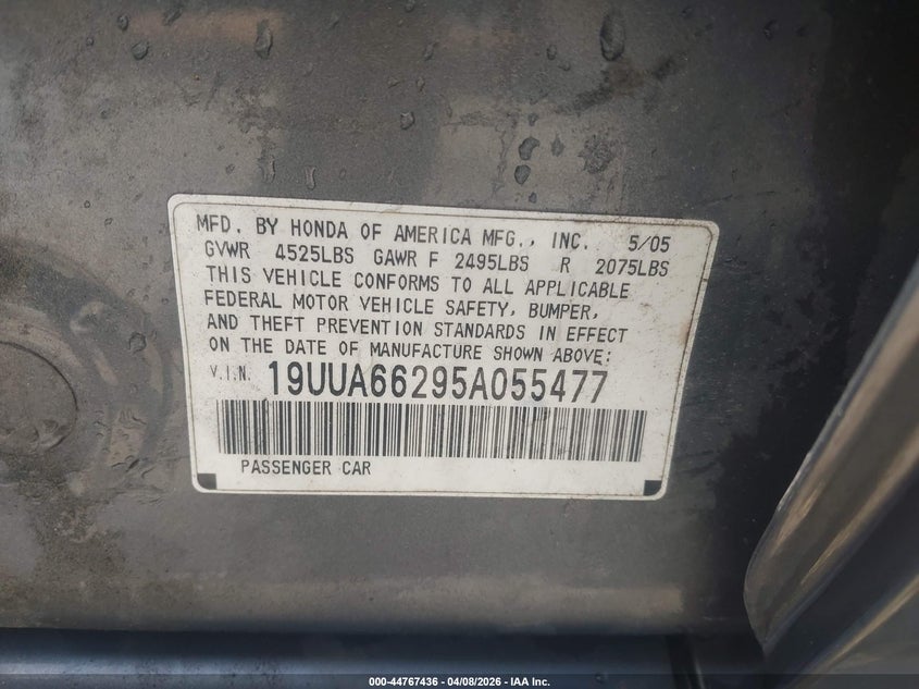 2005 Acura Tl VIN: 19UUA66295A055477 Lot: 44767436