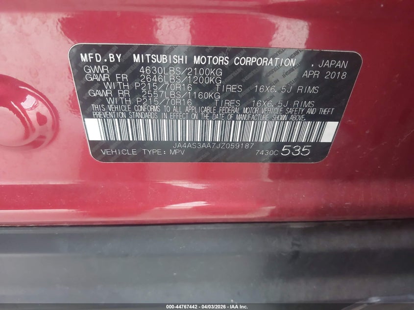 2018 Mitsubishi Eclipse Cross Es VIN: JA4AS3AA7JZ059187 Lot: 44767442