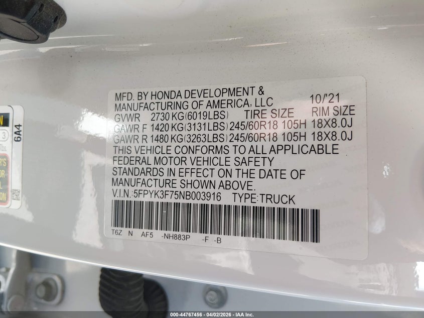 2022 Honda Ridgeline Rtl-E VIN: 5FPYK3F75NB003916 Lot: 44767456