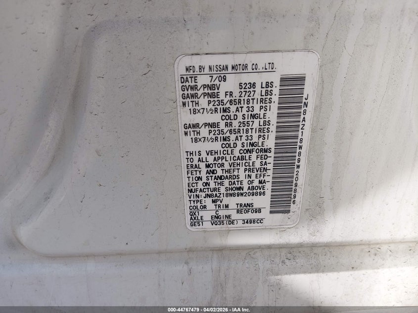 2009 Nissan Murano Sl VIN: JN8AZ18W89W209896 Lot: 44767479