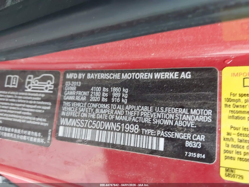 2013 Mini Paceman Cooper S VIN: WMWSS7C50DWN51998 Lot: 44767642