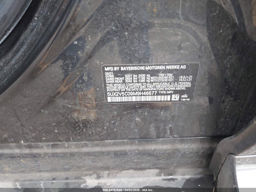 2021 BMW X4 M40I VIN: 5UX2V5C09M9H46677 Lot: 44767648