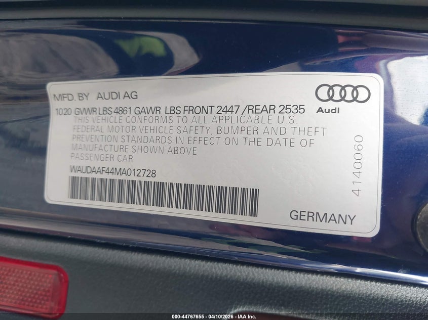2021 Audi A4 2.0 Premium 45 Tfsi S Line Quattro S Tronic blue Lot 111044767655 Vin WAUDAAF44MA012728