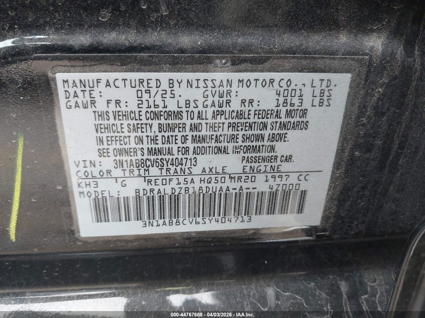 VIN 3N1AB8CV6SY404713 2025 NISSAN SENTRA SV