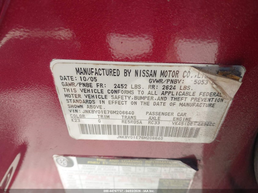 2006 Infiniti M45 VIN: JNKBY01E76M206640 Lot: 44767737