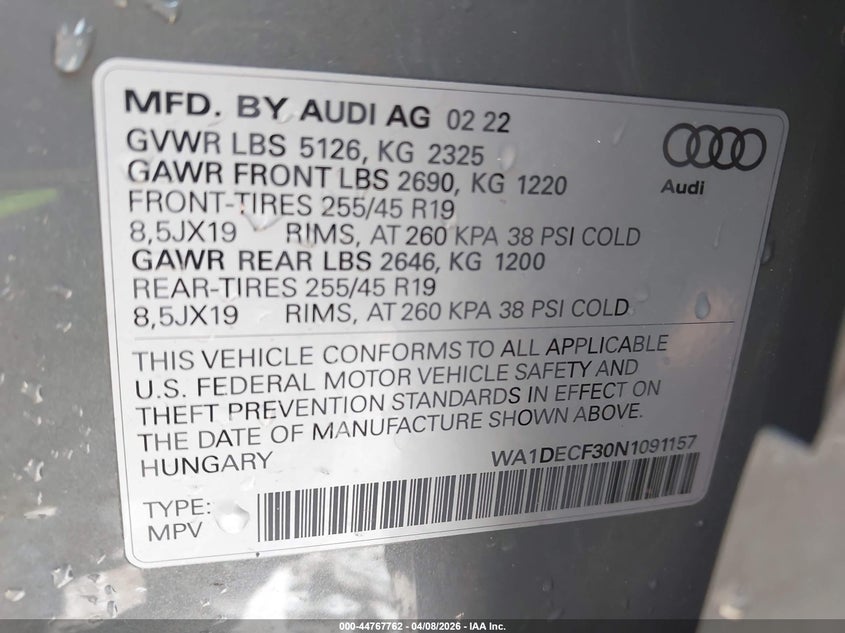 2022 Audi Q3 Premium 45 Tfsi S Line Quattro Tiptronic VIN: WA1DECF30N1091157 Lot: 44767762