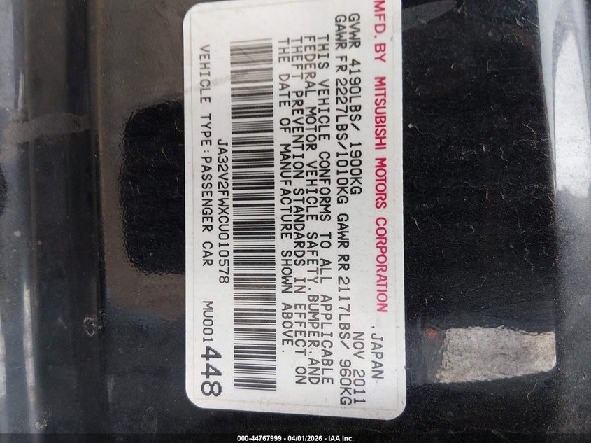 2012 Mitsubishi Lancer Se VIN: JA32V2FWXCU010578 Lot: 44767999