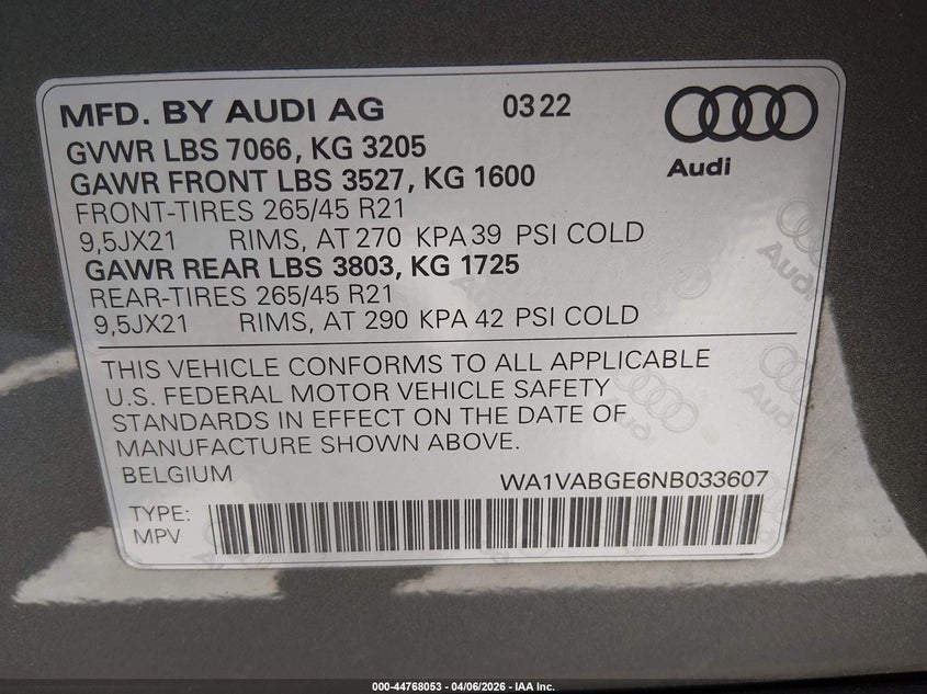 2022 Audi E-Tron Chronos Quattro VIN: WA1VABGE6NB033607 Lot: 44768053