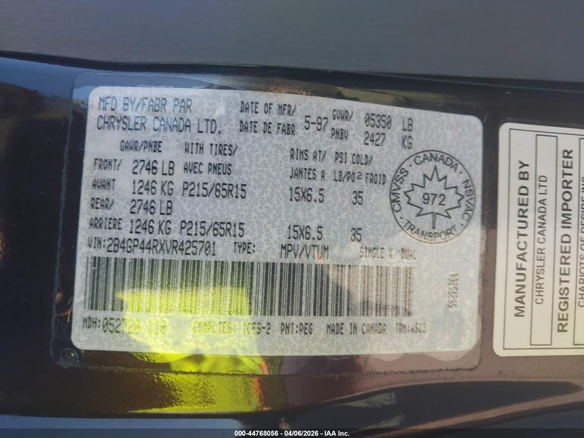 1997 Dodge Grand Caravan Se VIN: 2B4GP44RXVR425701 Lot: 44768056