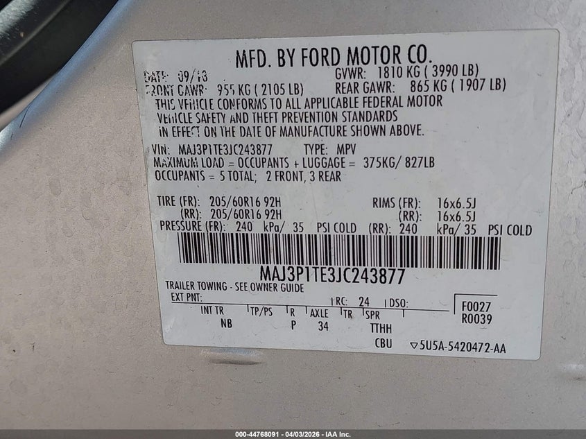 VIN MAJ3P1TE3JC243877 2018 FORD ECOSPORT SE