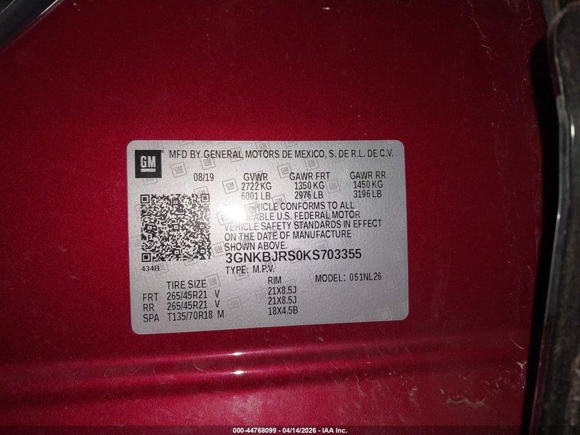 2019 Chevrolet Blazer Rs VIN: 3GNKBJRS0KS703355 Lot: 44768099