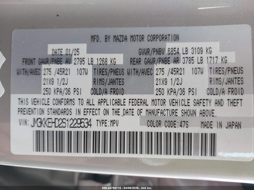 2025 Mazda Cx-90 3.3 Turbo Premium Plus Package VIN: JM3KKEHD2S1229534 Lot: 44768110