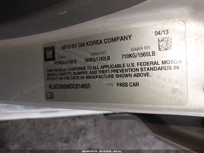 2013 Chevrolet Spark 1Lt Auto VIN: KL8CD6S96DC614855 Lot: 44768129