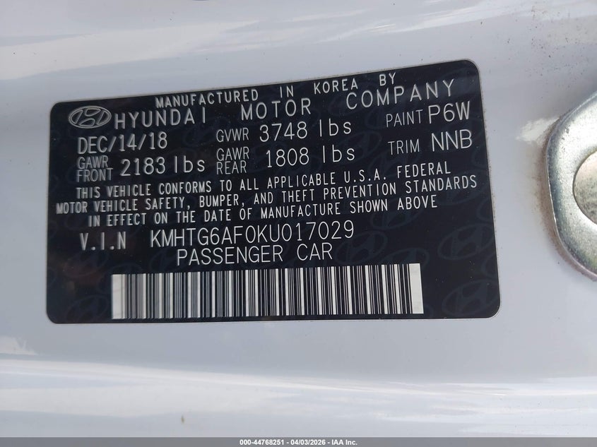 2019 Hyundai Veloster 2.0 VIN: KMHTG6AF0KU017029 Lot: 44768251