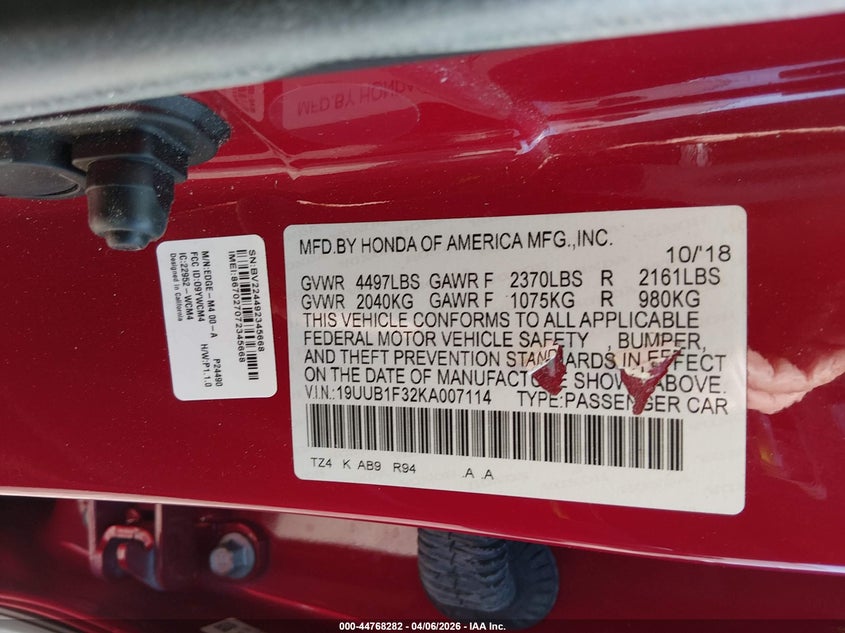 2019 Acura Tlx Standard VIN: 19UUB1F32KA007114 Lot: 44768282