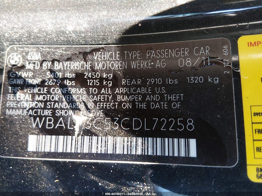 2012 BMW 650I VIN: WBALZ3C53CDL72258 Lot: 44768311