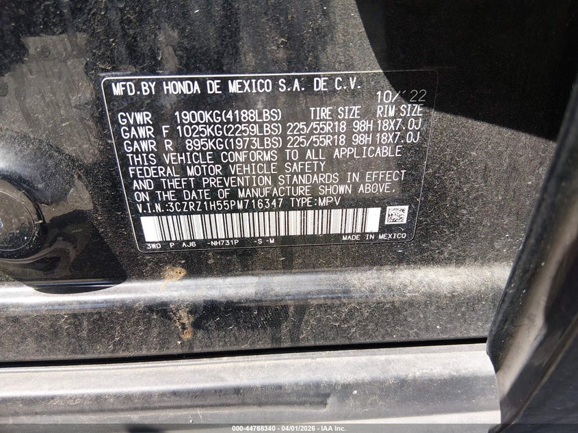 VIN 3CZRZ1H55PM716347 2023 HONDA HR-V 2WD SPORT