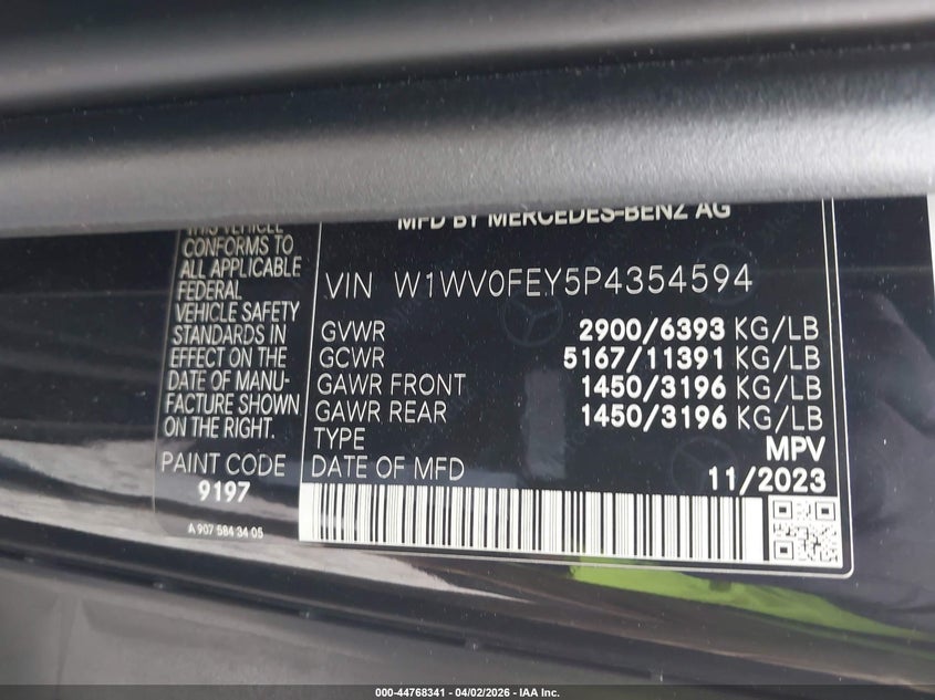 2023 Mercedes-Benz Metris VIN: W1WV0FEY5P4354594 Lot: 44768341