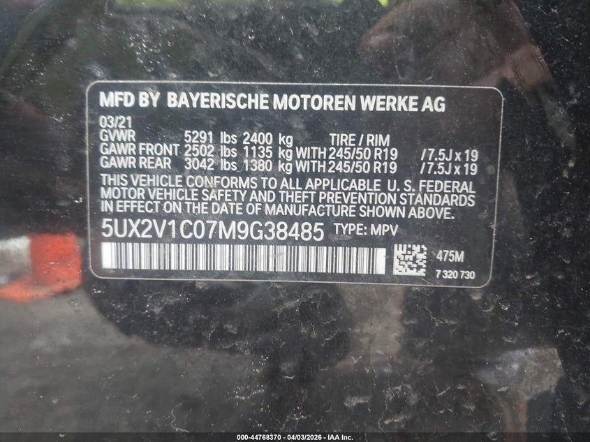 2021 BMW X4 xDrive30I VIN: 5UX2V1C07M9G38485 Lot: 44768370