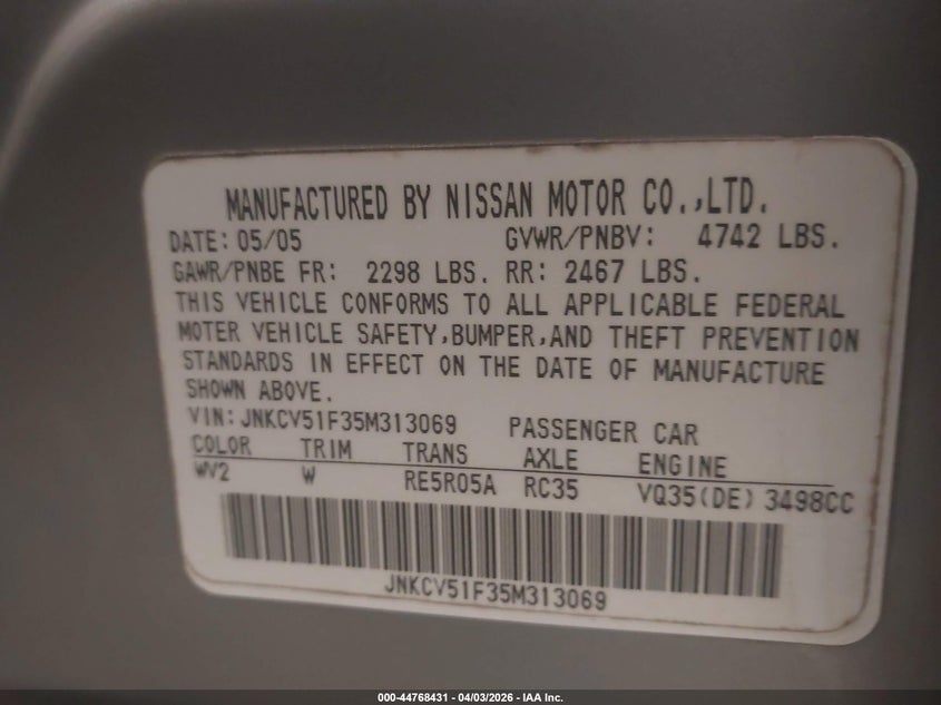 2005 Infiniti G35X VIN: JNKCV51F35M313069 Lot: 44768431