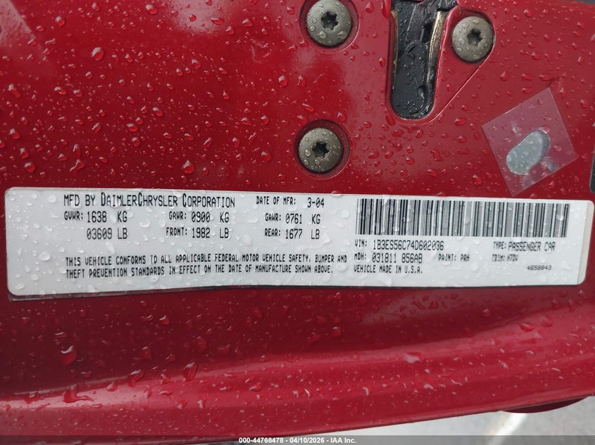 2004 Dodge Neon Sxt VIN: 1B3ES56C74D602036 Lot: 44768478