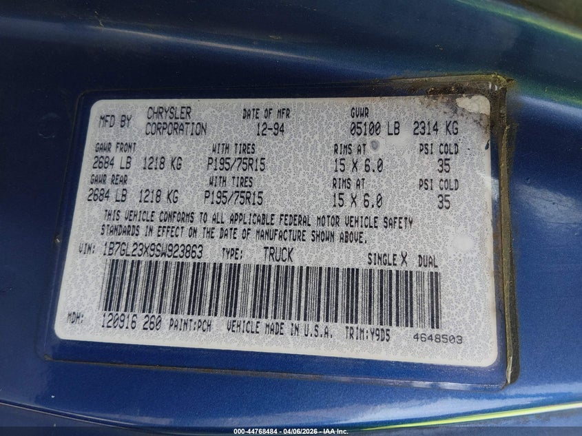 1995 Dodge Dakota VIN: 1B7GL23X9SW923863 Lot: 44768484