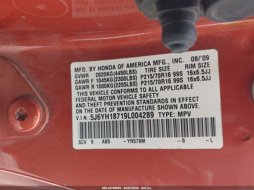 2009 Honda Element Ex VIN: 5J6YH18719L004289 Lot: 44768505