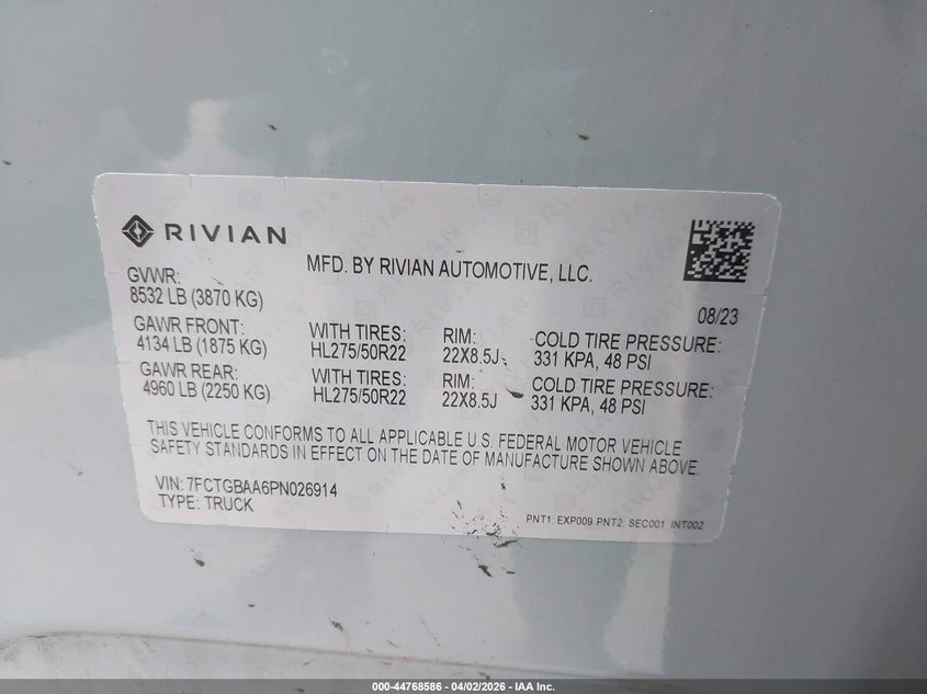 2023 Rivian R1T Adventure/Adventure Dual Motor Large Pack/Adventure Dual Motor Max Pack VIN: 7FCTGBAA6PN026914 Lot: 44768586