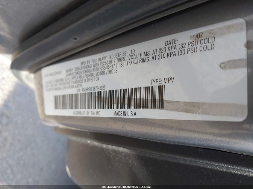 2008 Subaru Outback 2.5I/2.5I L.l. Bean Edition VIN: 4S4BP61C987345025 Lot: 44768610