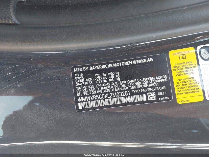 2020 Mini Hardtop Cooper S VIN: WMWXR5C0XL2M03261 Lot: 44768646