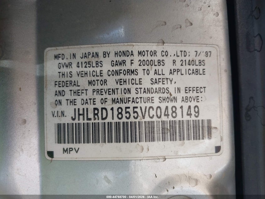 1997 Honda Cr-V VIN: JHLRD1855VC048149 Lot: 44768700