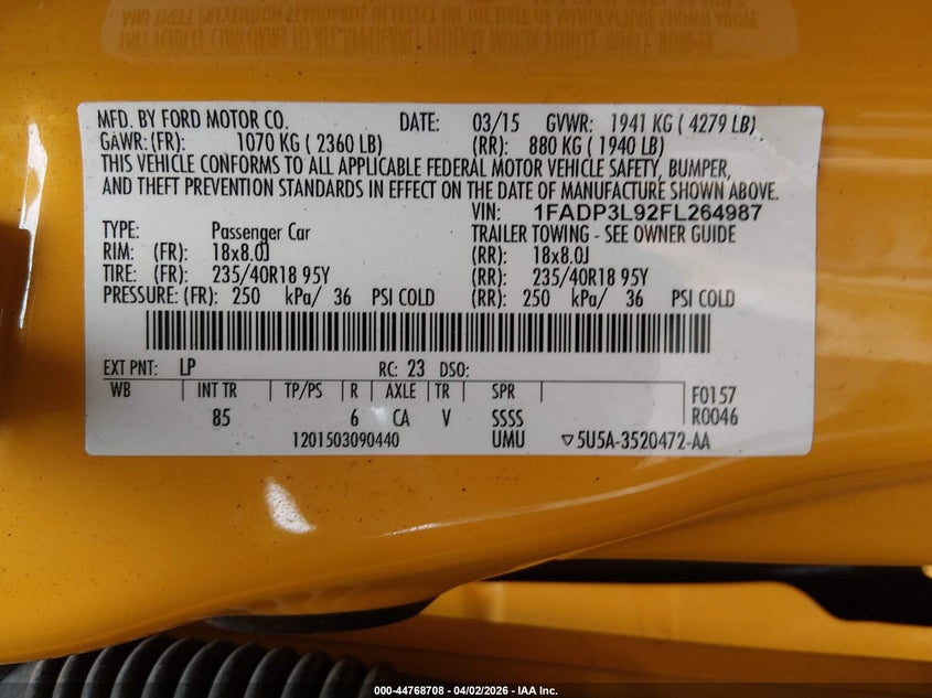 2015 Ford Focus St VIN: 1FADP3L92FL264987 Lot: 44768708