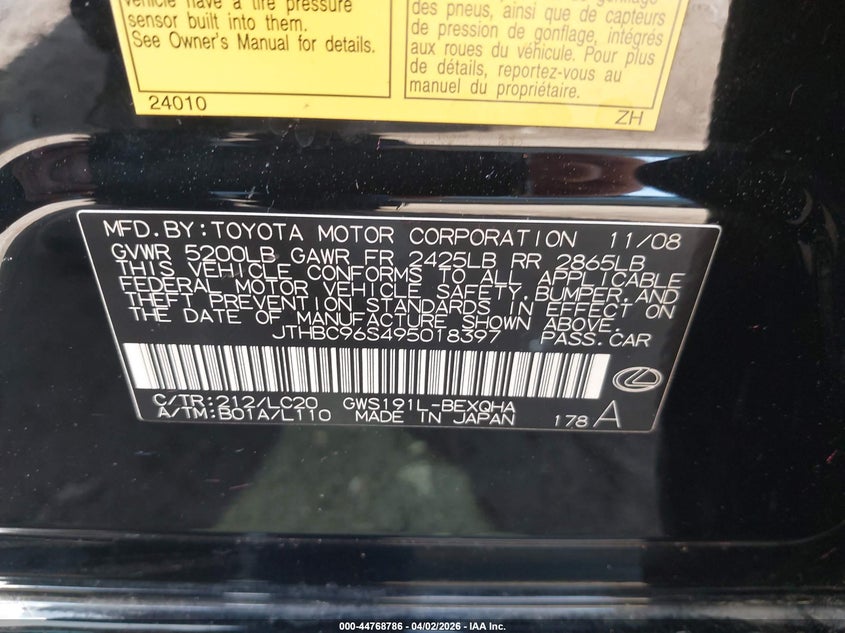 2009 Lexus Gs 450H VIN: JTHBC96S495018397 Lot: 44768786