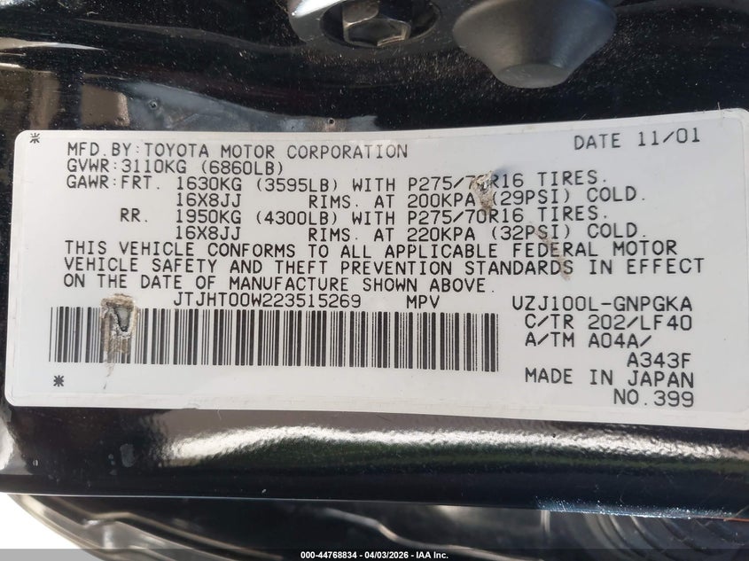 2002 Lexus Lx 470 VIN: JTJHT00W223515269 Lot: 44768834