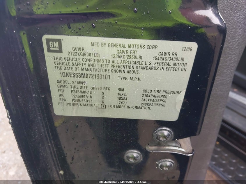 2007 GMC Envoy Denali VIN: 1GKES63M072198101 Lot: 44768845