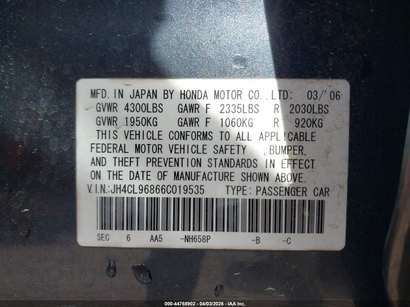2006 Acura Tsx VIN: JH4CL96866C019535 Lot: 44768902
