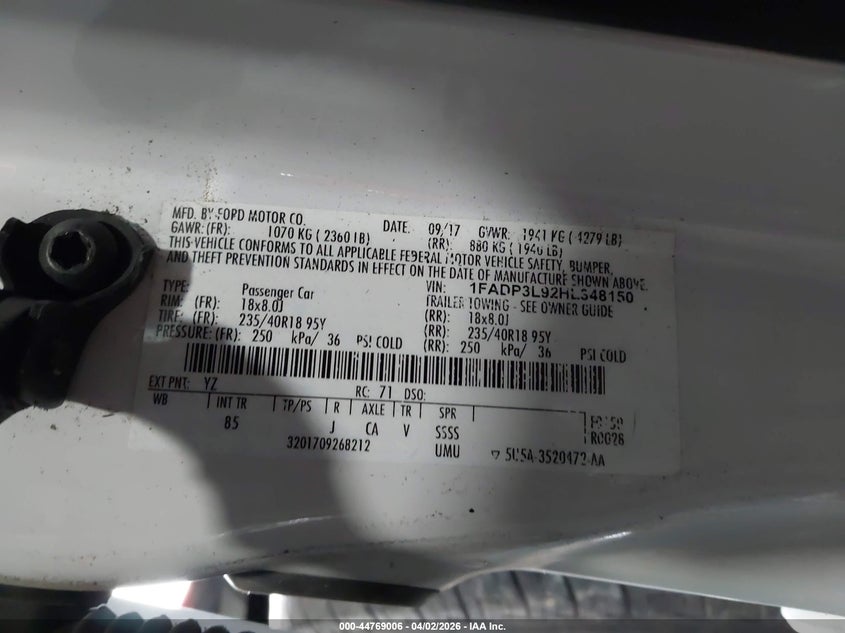 2017 Ford Focus St VIN: 1FADP3L92HL348150 Lot: 44769006