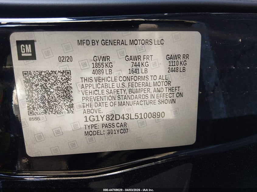 2020 Chevrolet Corvette Stingray Rwd 3Lt VIN: 1G1Y82D43L5100890 Lot: 44769029