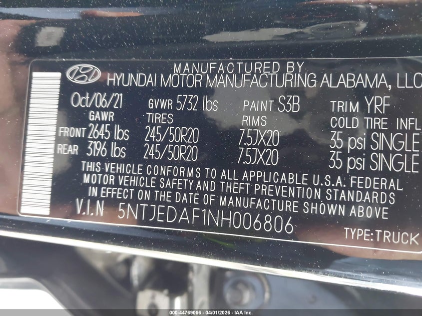 2022 Hyundai Santa Cruz Limited VIN: 5NTJEDAF1NH006806 Lot: 44769066