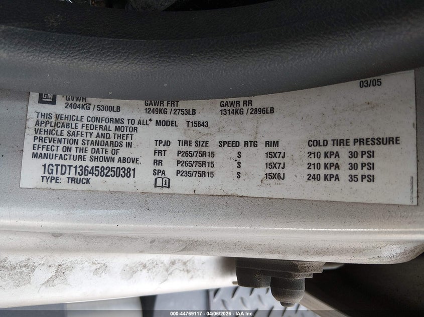 2005 GMC Canyon Sle VIN: 1GTDT136458250381 Lot: 44769117