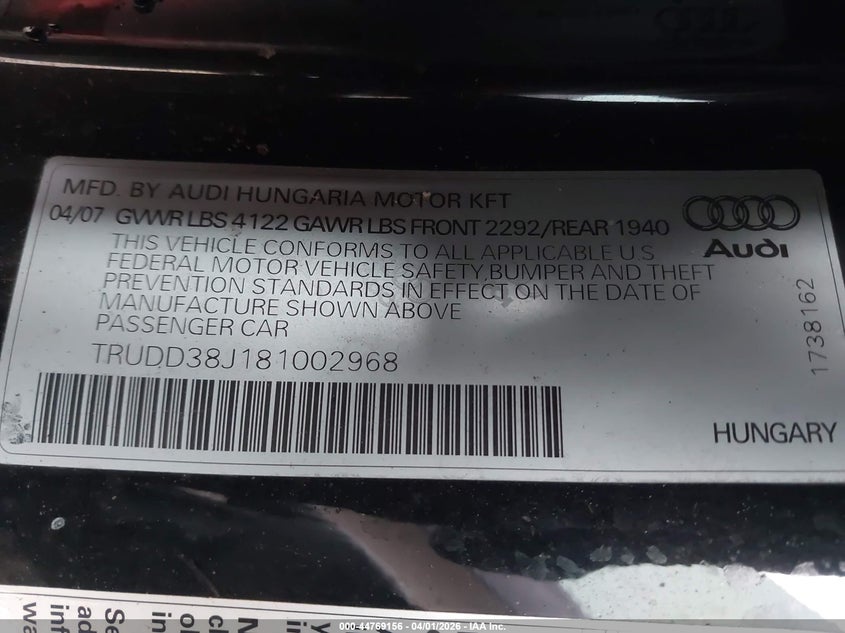 2008 Audi Tt 3.2 VIN: TRUDD38J181002968 Lot: 44769156