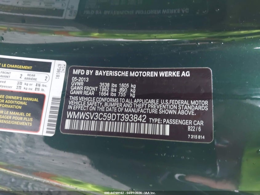 2013 Mini Hardtop Cooper S VIN: WMWSV3C59DT393842 Lot: 44769162