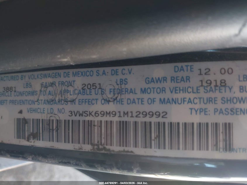 2001 Volkswagen Jetta Gls VIN: 3VWSK69M91M129992 Lot: 44769291