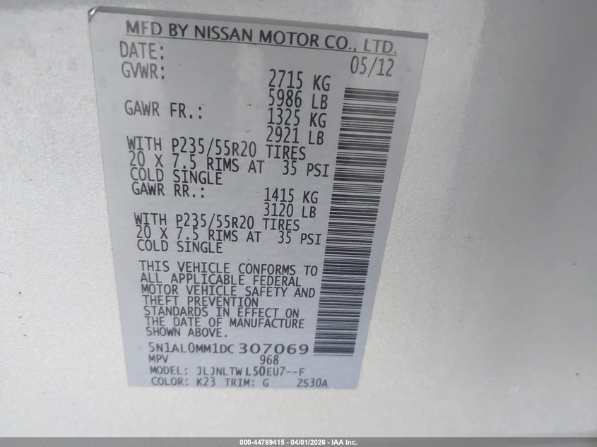 2013 Infiniti Jx35 VIN: 5N1AL0MM1DC307069 Lot: 44769415