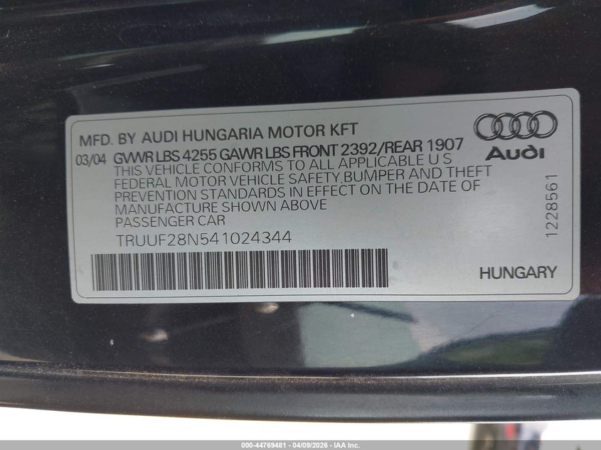 2004 Audi Tt 3.2L VIN: TRUUF28N54102434 Lot: 44769481