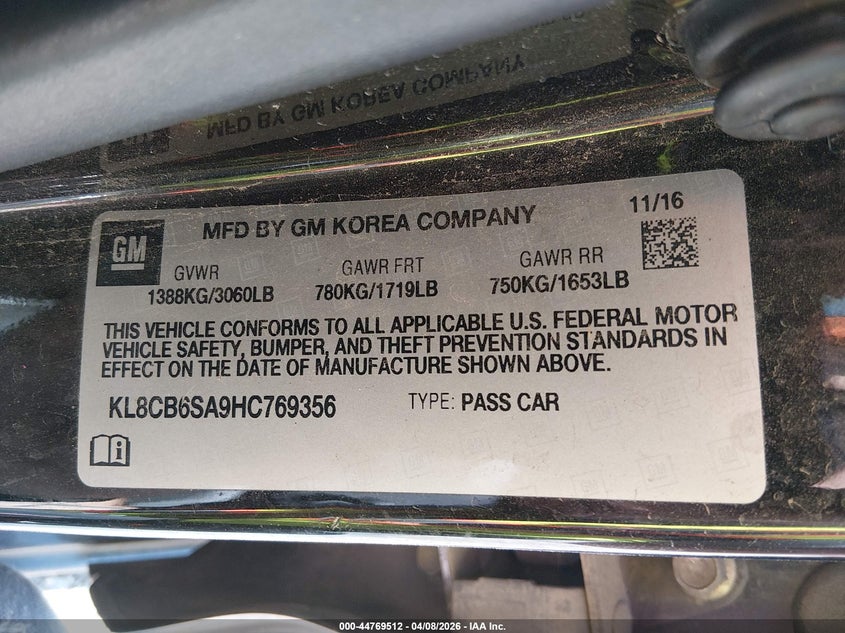 2017 Chevrolet Spark Ls Cvt VIN: KL8CB6SA9HC769356 Lot: 44769512