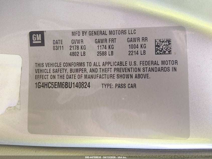 2011 Buick Lucerne Cxl VIN: 1G4HC5EM6BU140824 Lot: 44769535